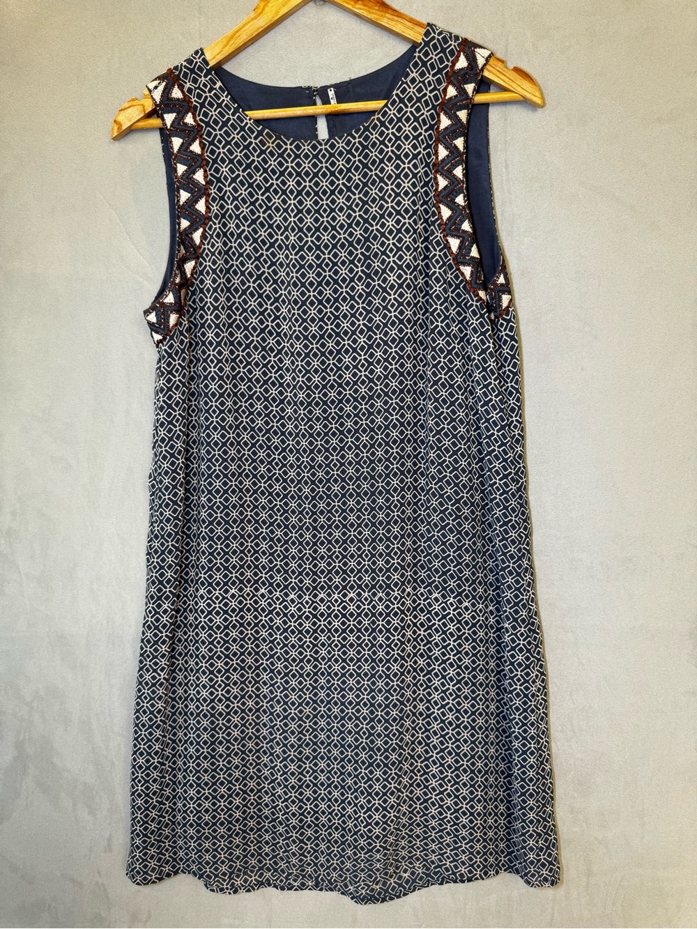 Chan Luu Dress S Navy Geometric Print Embroidered Sleeveless Shift Boho